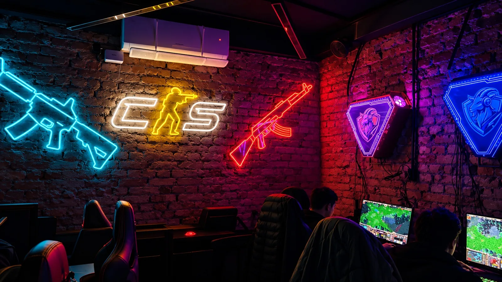 Неоновая вывеска CS и автоматы на кирпичной стене, игроки за компьютерами