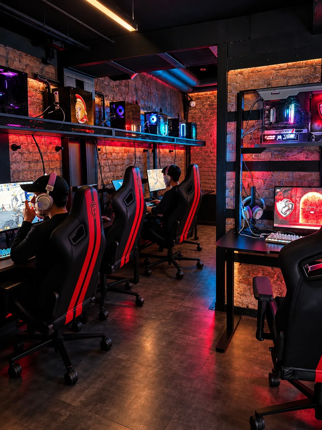Зал: системные блоки на открытых полках, видеокарта GeForce RTX, красно-чёрные игровые кресла